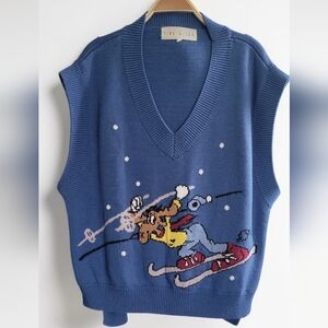 Kina & Tam Skiing Moose Blue V-neck Sweater Vest, Y2K Cozy Preppy, Women's 4XL